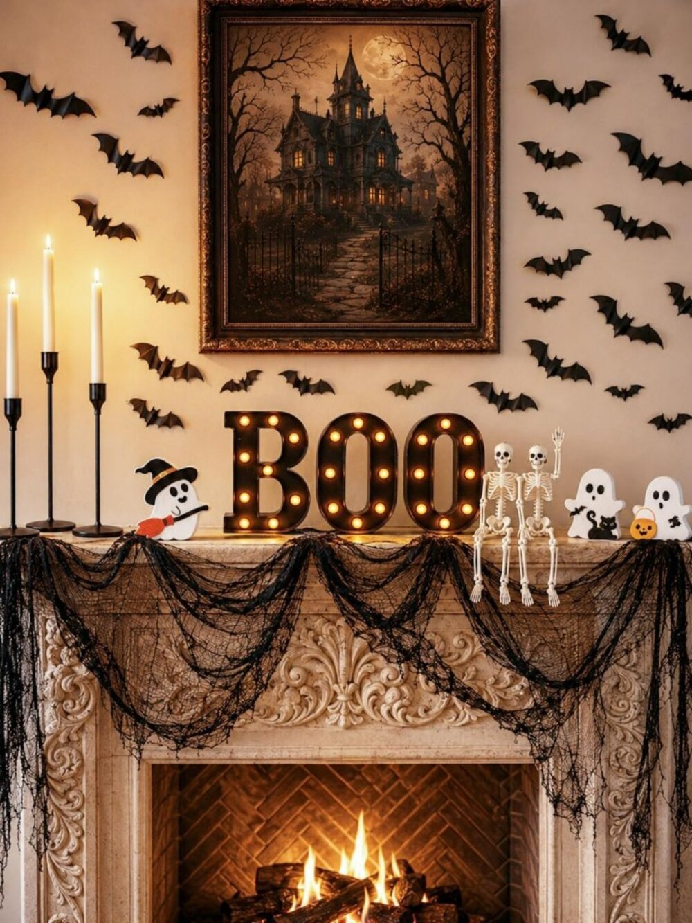 138PCS Halloween Mantel Decor Set - Boo Letters, Ghosts & Gothic Wall Accents